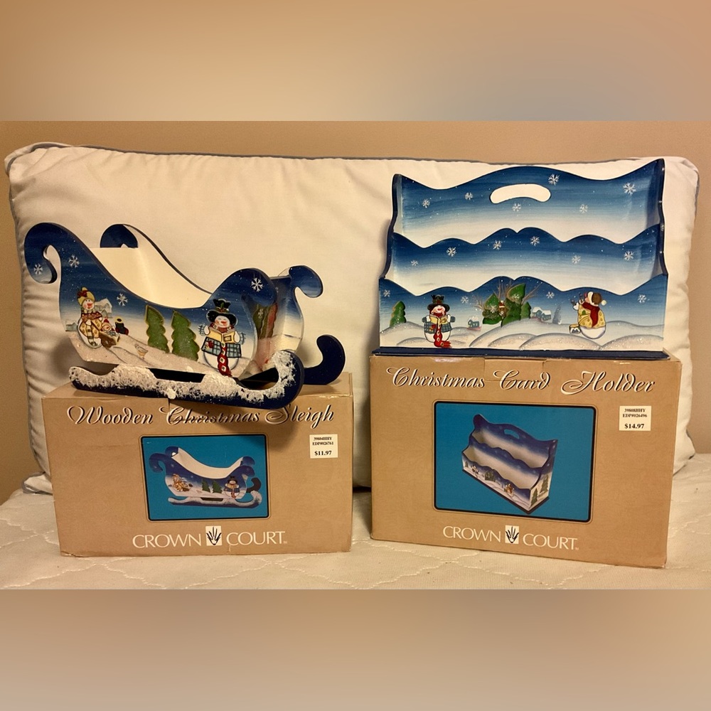 Sleigh & card/mail holder painted wooden set in boxes for Christmas or Winter